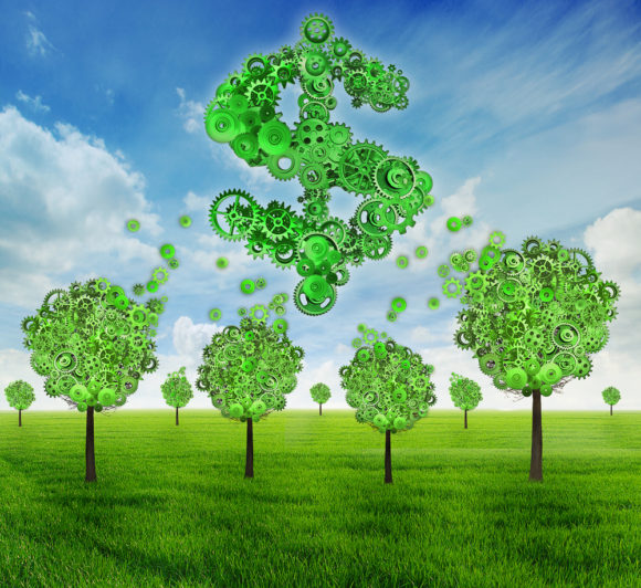 crowdfunding investing and collective income concept as group of green trees made of gears contributing to dollar sign symbol shaped with cog wheels as crowd funding idea